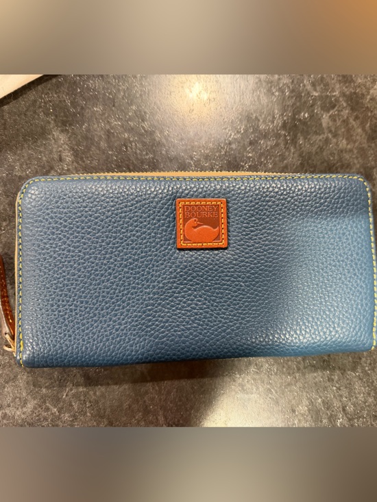 Dooney & Bourke Handbags - Dooney & Bourke Navy Pebbled Leather Zip Wallet with Brown Patch